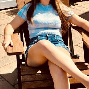 Blue and White Plaid Knit Short Sleeve Crop Sweater by Aeropostale